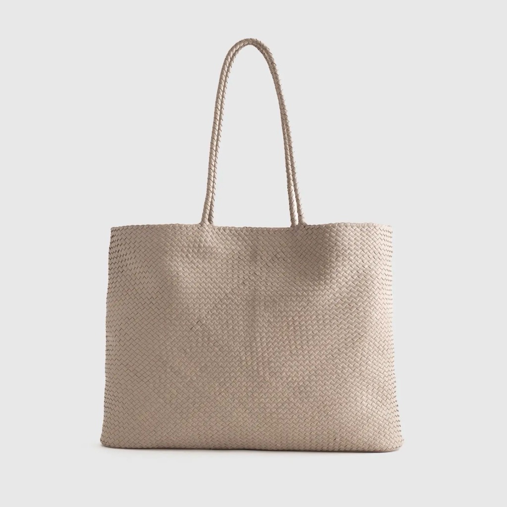 Quince Nwot Italian Leather Handwoven Tote Bag In Taupe 1081